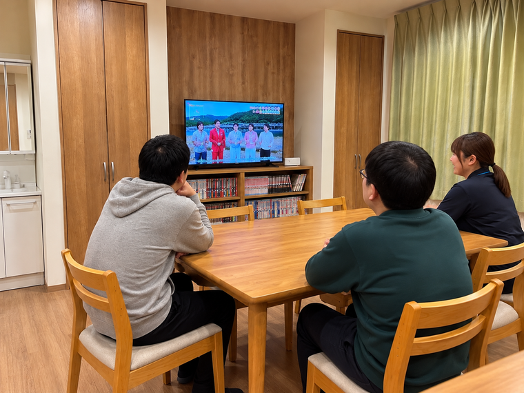 温かなリビングでテレビを見る三人.png